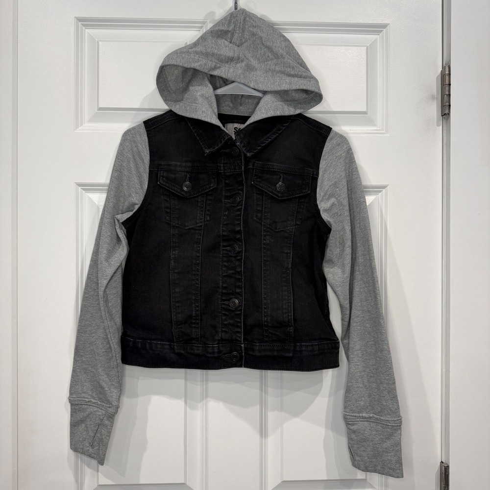 SO Black Denim Hooded Jacket Jersey Sleeves Thumbholes Kids Size XL 14/16